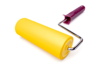 Yellow paint roller, isolated on white background, wide-angle sh