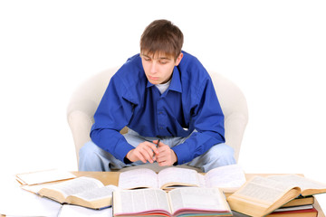 pensive student on the white background