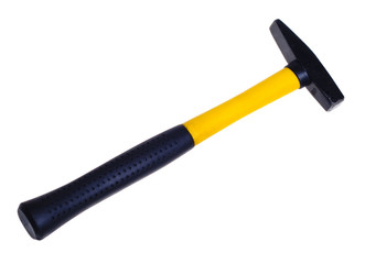 Yellow hammer with rubber handle isolated on white background.