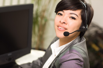 Attractive Young Mixed Race Woman Smiles Wearing Headset