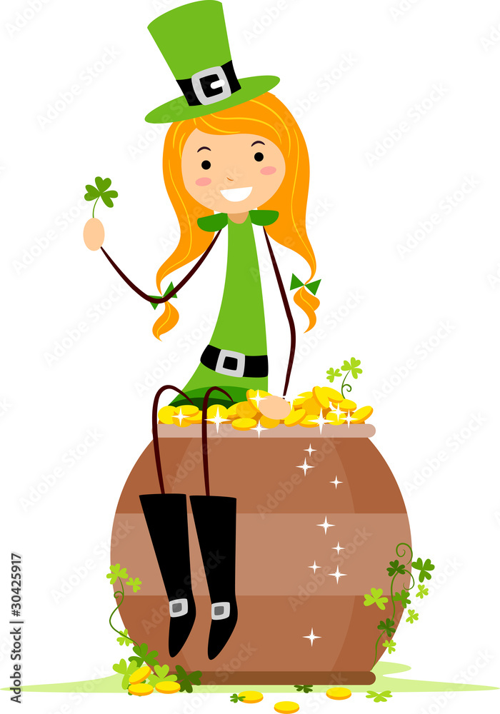 Sticker girl sitting on a pot of gold