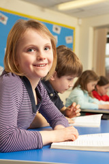 Schoolgirl Reading Book In Classroom