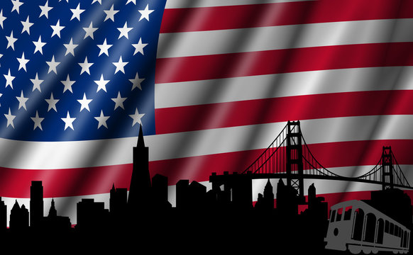 USA American Flag with Golden Gate Bridge Skyline Silhouette
