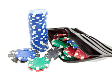 poker chips in black leather purse
