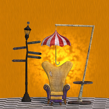 very surreal rendering of a chair with funny elements. 3D