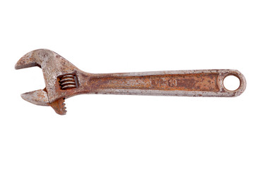 Old rusty wrench, isolated on white background