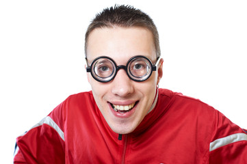Portrait of a young nerd in funny glasses isolated on white