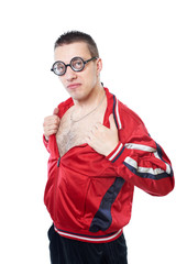 Portrait of a young nerd in funny glasses isolated on white