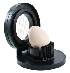Egg slicer with one egg on a white background