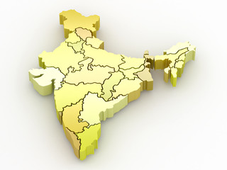 Three-dimensional map of India on white isolated background