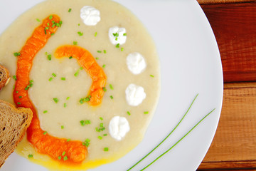 homemade cuisine : salmon vegetable soup over wood