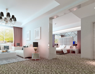 3D deluxe hotel suite interior rendering