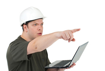 Man in a white helmet with the laptop in hands