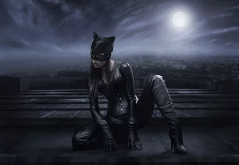 Printed kitchen splashbacks Artist KB Catwoman sitting on the roof