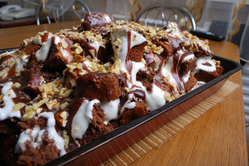 Pie filled in with chocolate and a cream