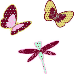 Decorated butterflies and dragonfly