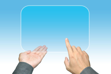 businessman hand pushing a button on a touch screen interface