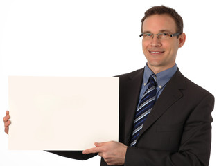 businessman holding a blank sign