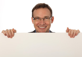 businessman holding a blank sign