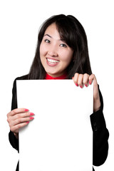 Asian woman with white blank banner