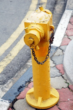 An image of a yellow fire hydrant in a urban side walk.