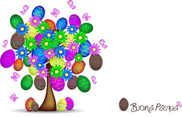 Sfondo di Pasqua con albero primaverile e ovetti decorati