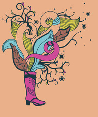 vector  background with a pink gumboot and fantasy plants