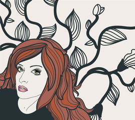 pretty girl  with long red  hair  on a floral background