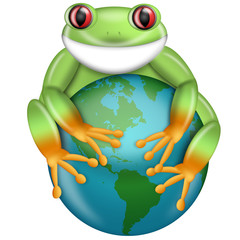 Red-Eyed Green Tree Frog Hugging Planet Earth