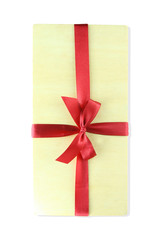 Wood gift box bow with red ribbin isolated on white background