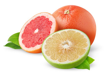 Isolated grapefruits. Pink and white grapefruits cut in halves isolated on white background