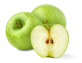 Isolated apples. Three green 'Granny Smith' apple fruits, one cut in half isolated on white background