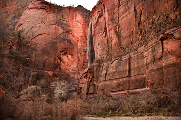 Sinawava Waterfall Red Rock Wall Zion Canyon National Park Utah