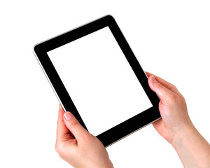 digital tablet on hands with white screen
