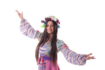 young girl with garland dance in russian costume
