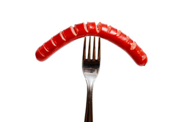 Sausage on fork.