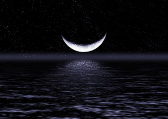 Obraz na płótnie Canvas Połowa z księżyca na niebie gwiazdy odbite w wodzie