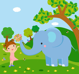 a elephant holding flower to a cute girl