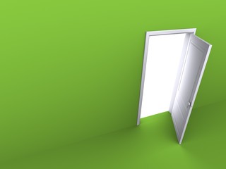 Opened door in the green wall, perspective view