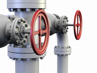 Red Valve on oil and gas pipe system.