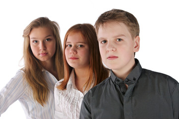 Boy and two girls stay in line