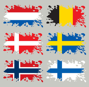 Splash flags set Benelux & Scandinavia. Each in separated layer,