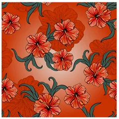 Fotobehang seamless spring pattern with hibiscus flowers and leaves © alexmakarova