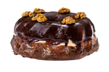 chocolate cake with walnuts close up