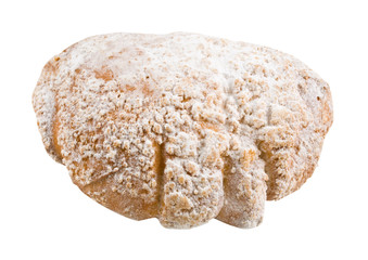 bun in the powdered sugar on a white background