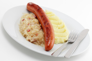 Krakauer Bratwurst, Sauerkraut, Kartoffelpüree
