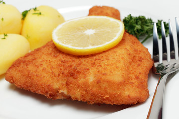 Gebackenes Schollenfilet mit Zitronenscheibe
