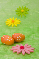 Easter background. Easter eggs and flowers.