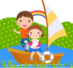 Fototapeta premium boy and girl sailing on lake