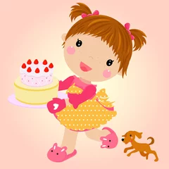 Muurstickers Klein meisje met taart die verjaardag viert. Vectorillustratie. © suerz